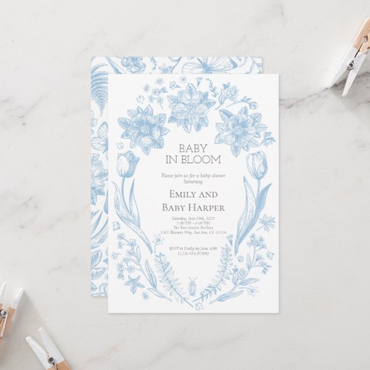 ブルートイレデジュイベビーイン開花ベビーシャワー3 招待状 (正面/裏面インサイチュ)