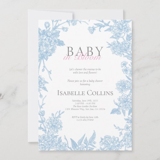 ブルートイレデジュイベビーイン開花ベビーシャワーInvite 招待状 (正面)
