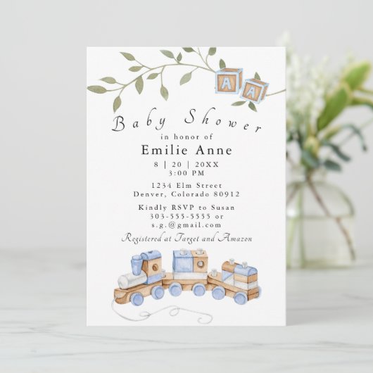 ブルートイ、列車とブロック赤ちゃんシャワー招待状 招待状 (スタンド正面)