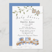 ブルートイ、列車とブロック赤ちゃんシャワー招待状 招待状 (正面/裏面)