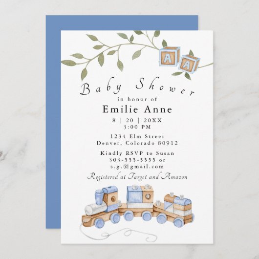ブルートイ、列車とブロック赤ちゃんシャワー招待状 招待状 (正面/裏面)