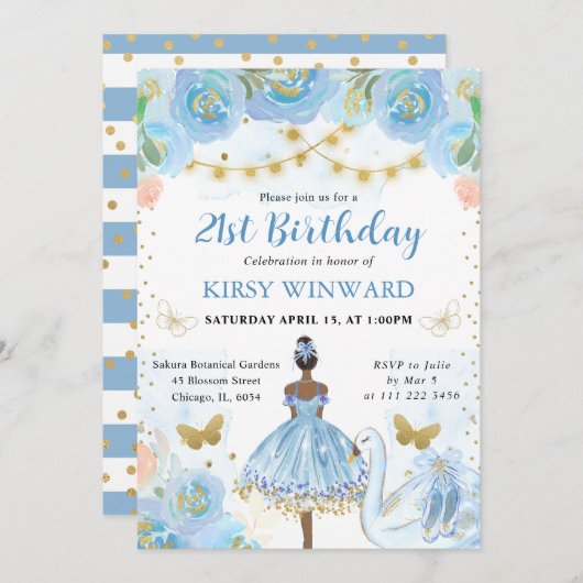 ブルートゥットダークスキンバレリーナ誕生日 招待状 (正面/裏面)