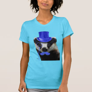 ブルートップハットと口ひげ付きアナグマ Tシャツ