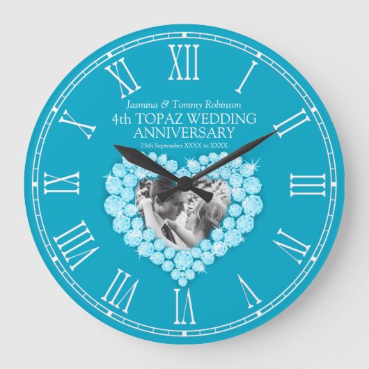 ブルートパズ写真ハート結婚4周年 ラージ壁時計 (正面)