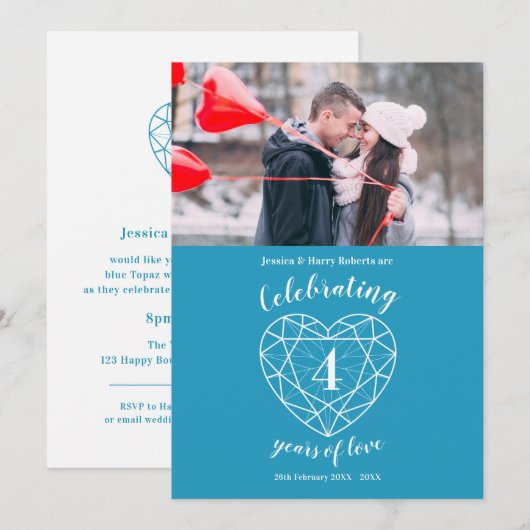 ブルートパーズ ハート 記念日 4年 写真 招待状 (正面/裏面)