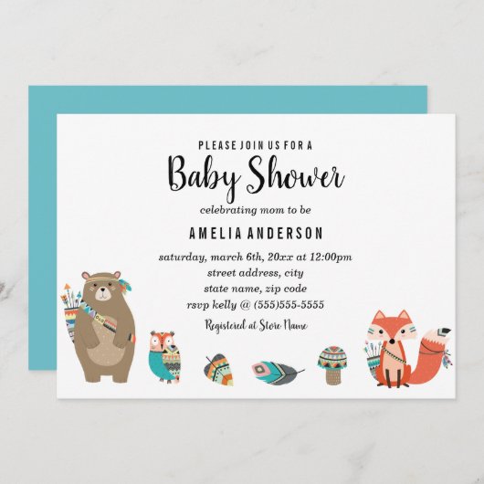 ブルートライバル動物ベビーシャワー招待状 招待状 (正面/裏面)