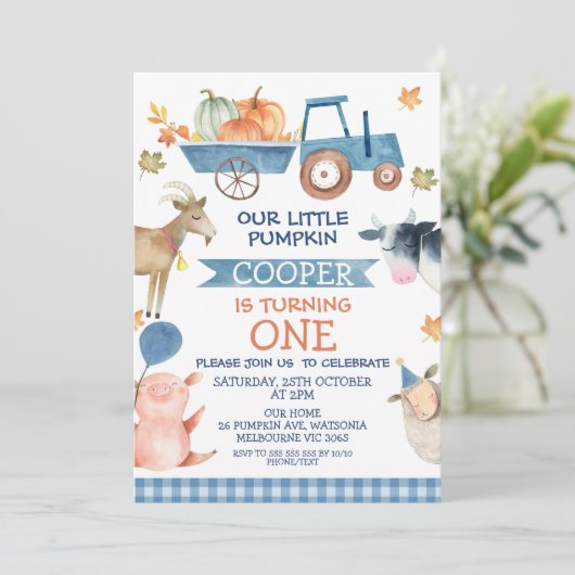 ブルートラクターカボチャと農畜動物の1st誕生日 招待状 (スタンド正面)