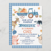 ブルートラクターカボチャと農畜動物の1st誕生日 招待状 (正面/裏面)