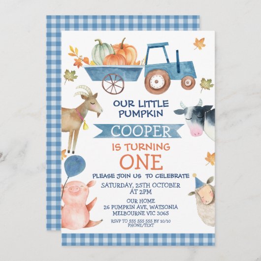 ブルートラクターカボチャと農畜動物の1st誕生日 招待状 (正面/裏面)