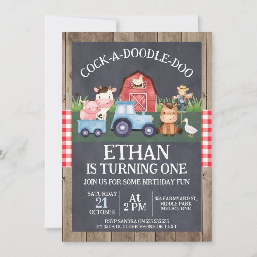 ブルートラクターシャルボードウッドファーム誕生日 招待状 (正面)