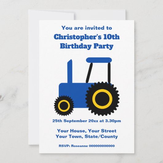 ブルートラクターデザインパーソナライズされたバースデーパーティー 招待状 (正面)