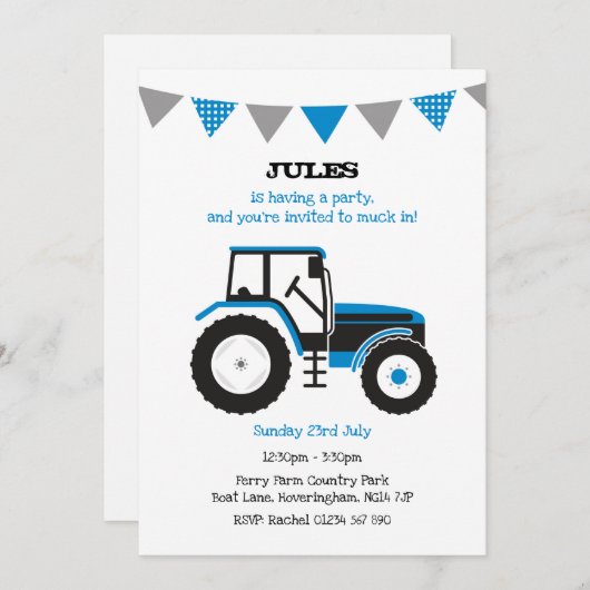 ブルートラクターバースデーパーティー招待状 招待状 (正面/裏面)