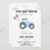 ブルートラクター任意の年齢、ファームボーイ誕生日 招待状 (正面/裏面)