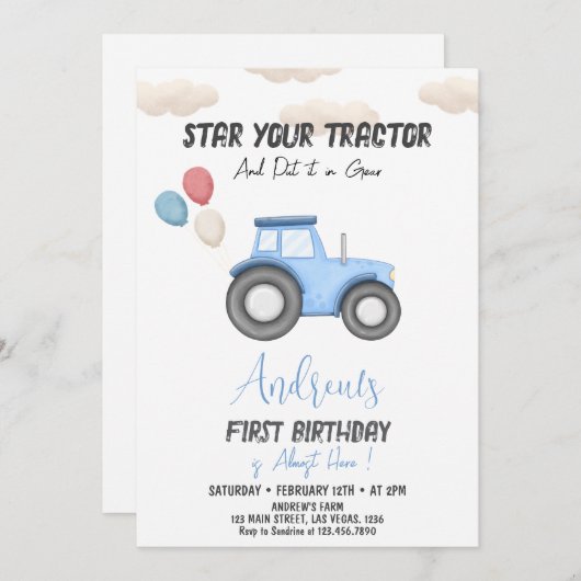 ブルートラクター任意の年齢、ファームボーイ誕生日 招待状 (正面/裏面)