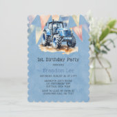 ブルートラクター旗水彩少年1st.誕生日パー 招待状 (スタンド正面)