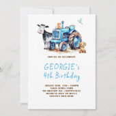 ブルートラクター納屋周囲の庭バースデーパーティー 招待状 (正面)