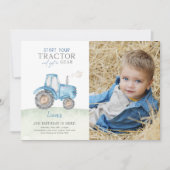 ブルートラクター誕生日パーティー写真 招待状 (正面)