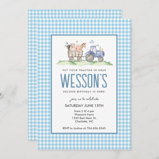 ブルートラクター誕生日ファーム誕生日招待状 招待状 (正面/裏面)
