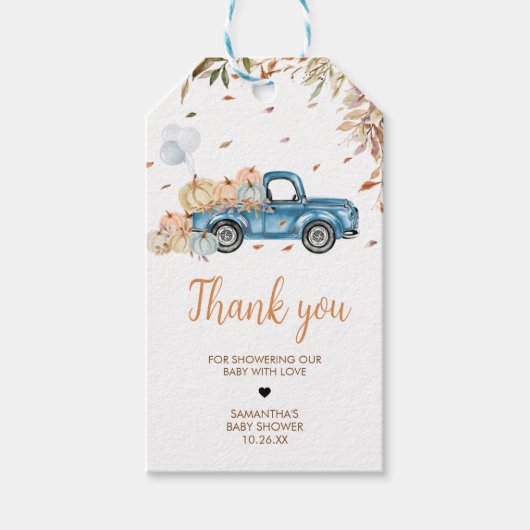 ブルートラックカボチャ赤ちゃんシャワーメッセージカード ギフトタグ (正面)