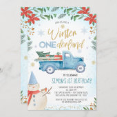 ブルートラックポインセツィアウィンターオネダーランド誕生日 招待状 (正面/裏面)