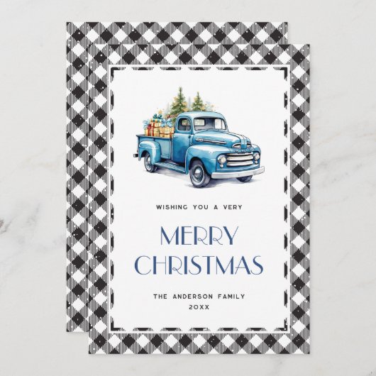 ブルートラック白黒プレイドメリークリスマスカード シーズンカード (正面/裏面)