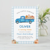 ブルートラック&パンプキン秋ファームギンガム誕生日 招待状 (スタンド正面)