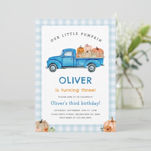 ブルートラック&パンプキン秋ファームギンガム誕生日 招待状 (スタンド正面)