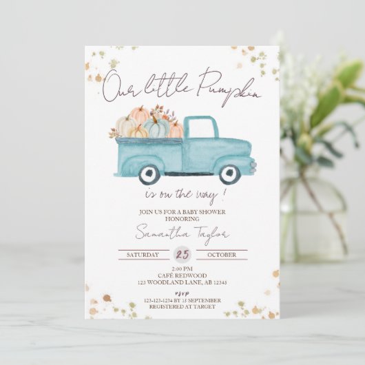 ブルートラック、男の赤ちゃんシャワー、秋ベビーシャワー 招待状 (スタンド正面)