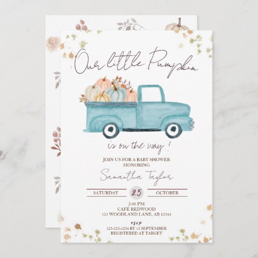 ブルートラック、男の赤ちゃんシャワー、秋ベビーシャワー 招待状 (正面/裏面)