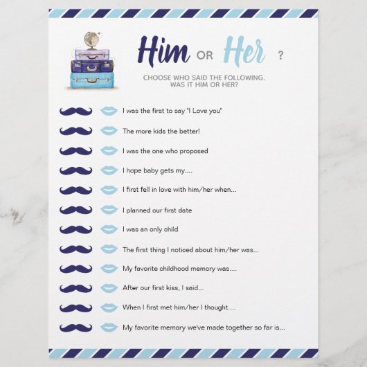 ブルートラベルシャワーベビーブライダル彼または彼女のゲーム (正面)