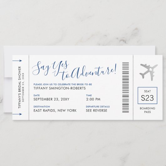 ブルートラベルテーマブライダルシャワー搭乗券 招待状 (正面)