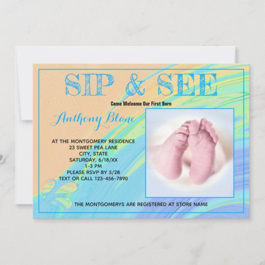 ブルートリミングパステル抽象芸術SIPと見るカスタムの写真 招待状 (正面)