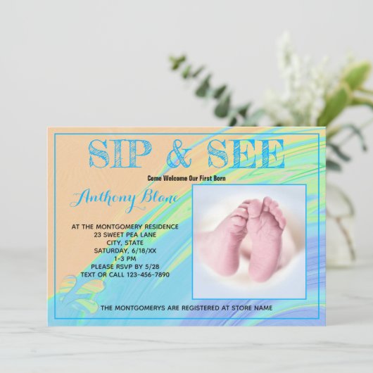 ブルートリミングパステル抽象芸術SIPと見るカスタムの写真 招待状 (スタンド正面)