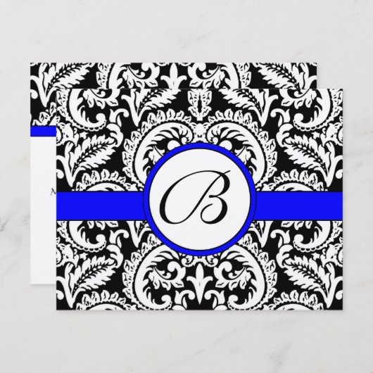 ブルートリムRSVPカード王室の付きブラックフラワーダマスク 出欠カード (正面/裏面)