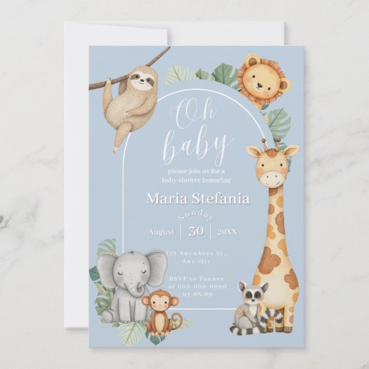 ブルートロピカルジャングルサファリ動物ベビーシャワー 招待状 (正面)