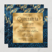 ブルートロピカルヒョウ印刷きらめくキンセアニラ 招待状 (正面/裏面)