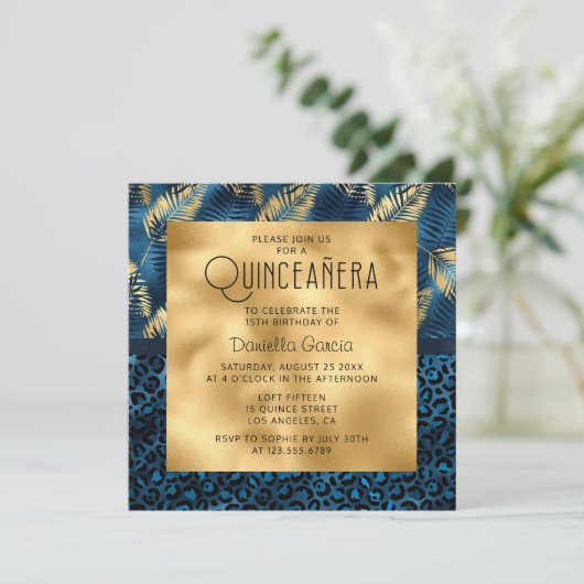 ブルートロピカルヒョウ印刷きらめくキンセアニラ 招待状 (スタンド正面)