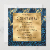 ブルートロピカルヒョウ印刷きらめくキンセアニラ 招待状 (正面)