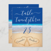 ブルートロピカルビーチ結婚ハートのテーブル番号 サンキューカード (正面/裏面)