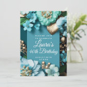 ブルートロピカルフラワーズゴールデングリッター誕生日 招待状 (スタンド正面)