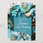 ブルートロピカルフラワーズゴールデングリッター誕生日 招待状 (正面/裏面)