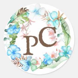 ブルートロピカルフラワー結婚ズモノグラムシール ラウンドシール