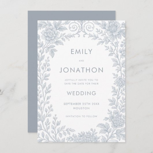 ブルートワールデジュイ縁どウェディング日付を保存 招待状 (正面/裏面)