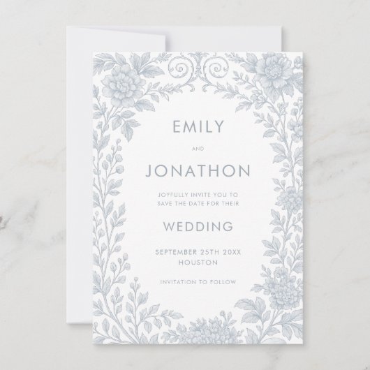 ブルートワールデジュイ縁どウェディング日付を保存 招待状 (正面)