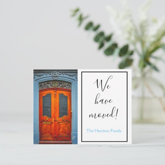 ブルードア我々はシックなスクリプトを移動モダンした 案内ポストカード (スタンド正面)