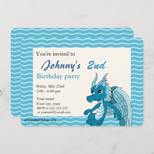 ブルードラゴンの誕生日プリント招待状 招待状 (正面/裏面)