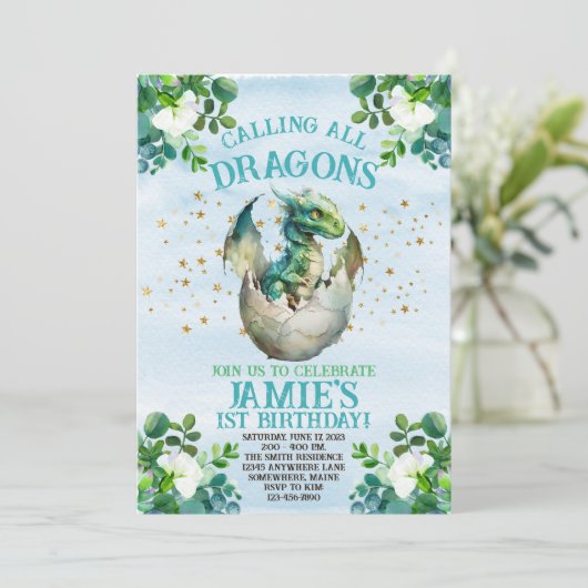 ブルードラゴンウォーターカラー誕生日招待状 招待状 (スタンド正面)