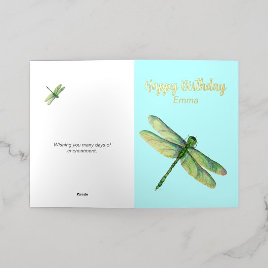 ブルードラゴンフライパーソナライズされたフォイル誕生日カード 箔グリーティングカード (外側レイダウン)