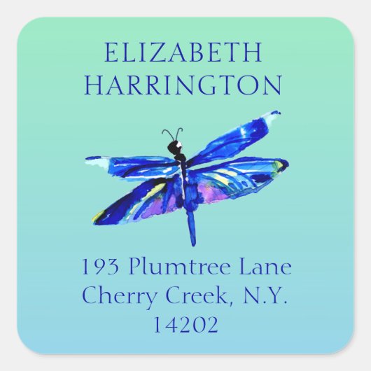 ブルードラゴンフライ水カラー自然差出人住所 スクエアシール (正面)