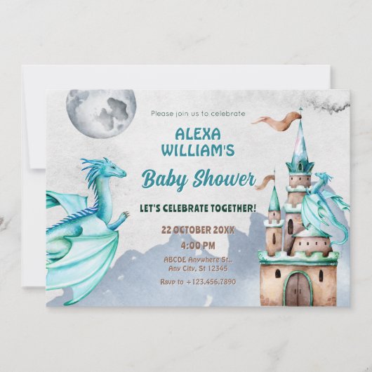 ブルードラゴン城の水の色の赤ちゃんシャワー 招待状 (正面)
